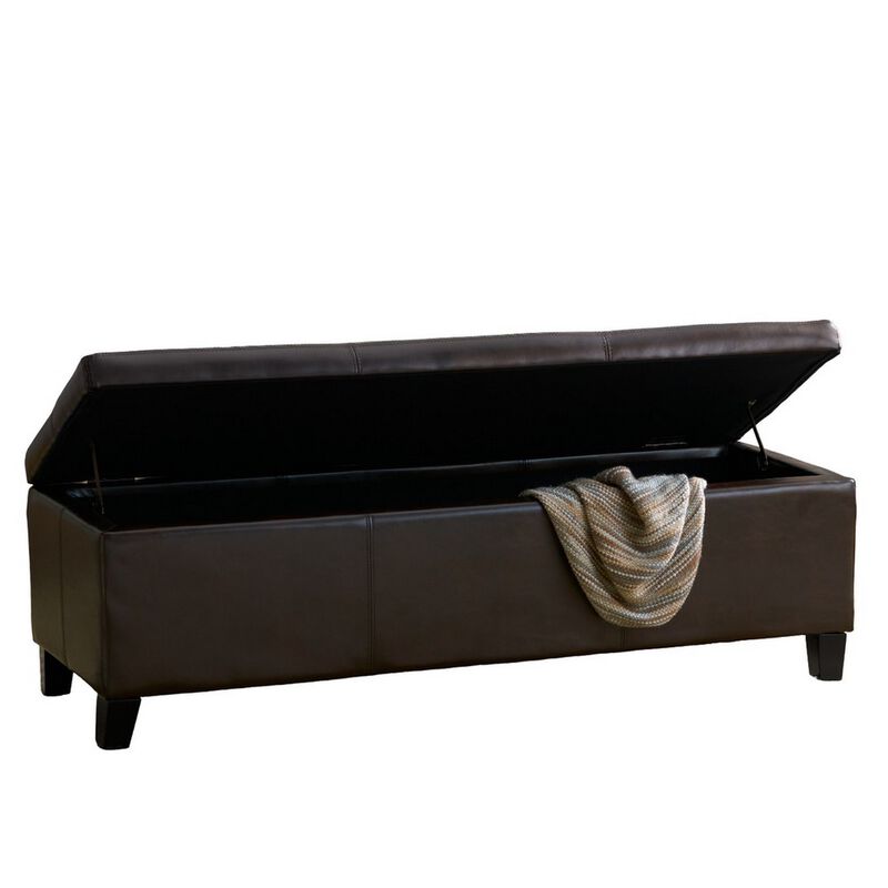 Elias Storage Ottoman Bench, Detailed Brown Faux Leather, 51 Inch -Benzara
