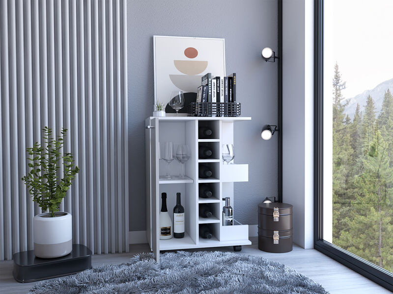 DEPOT E-SHOP Magda Bar Cart, Four Casters, Six Built-in Wine Rack, Single Door Cabinet, Two External Shelves, White