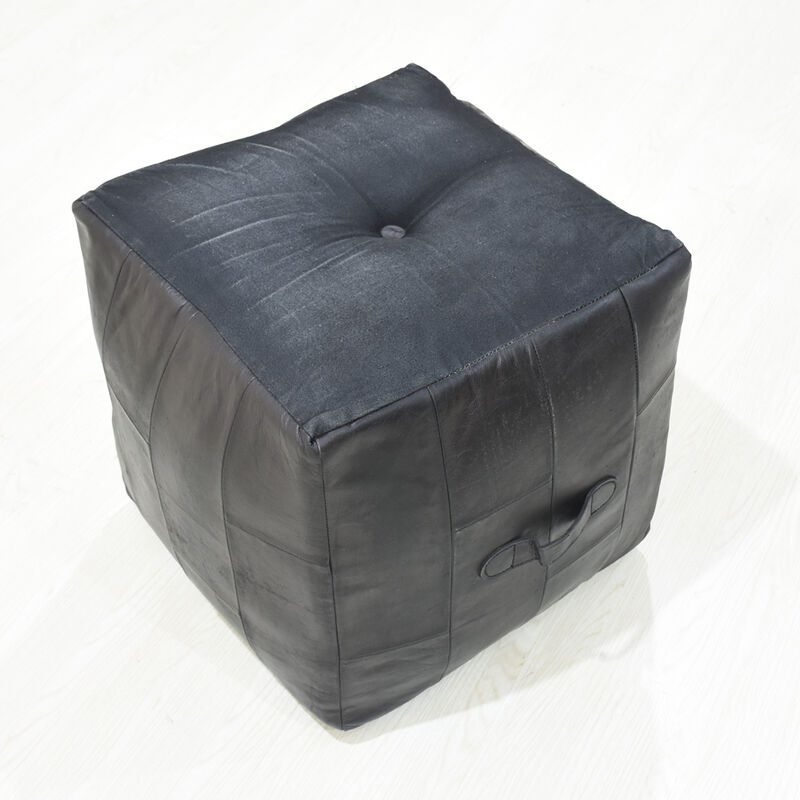 Geometric Handmade Leather Square Pouf 16"x16"x16" (Recycled Foam with Fibre Fill) Black Color MABBBACPF25 BBH Homes