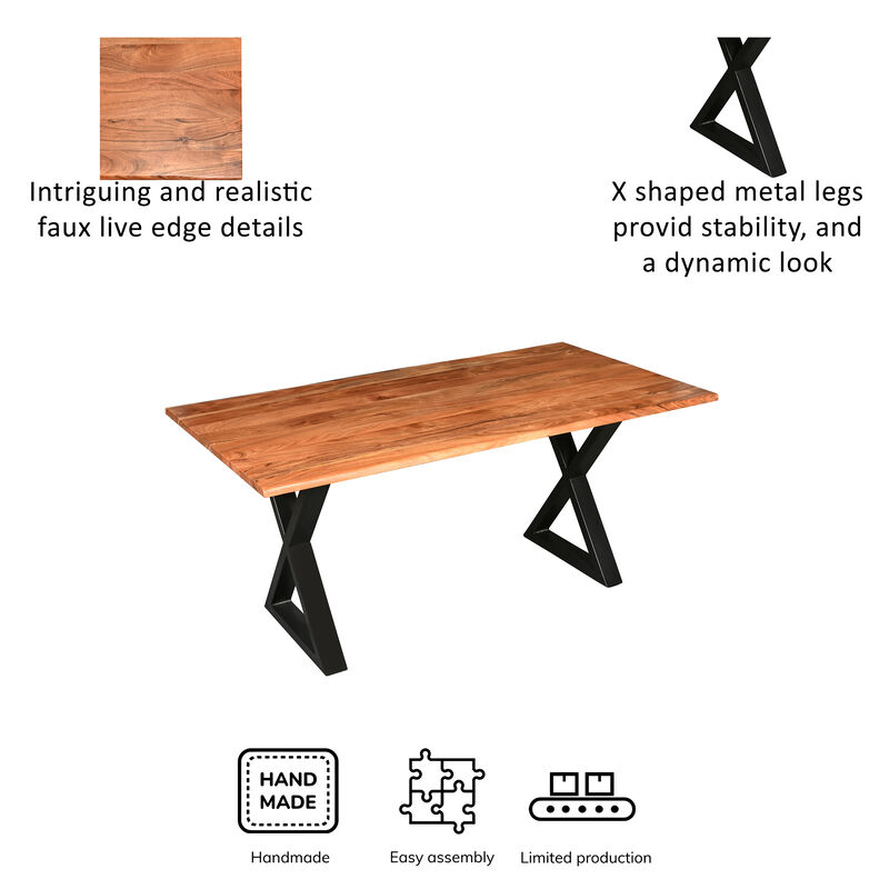 67 Inch Rectangular Dining Table with Crossed Black Metal Legs and Natural Brown Faux Live Edge Acacia Wood Top-Benzara