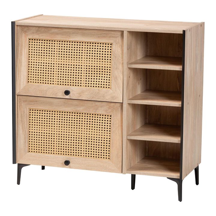 Baxton Studio Malcolm Mid Century Modern Oak Brown Wood Shoe Cabinet with Flipper Doors