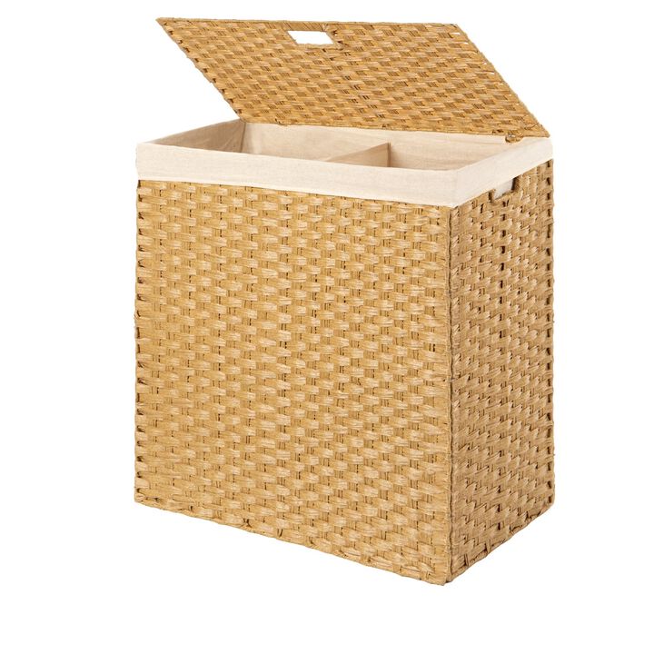 Hivvago Folding 2-Bin Natural PE Wicker Linen Liner Laundry Hamper w/ Handles