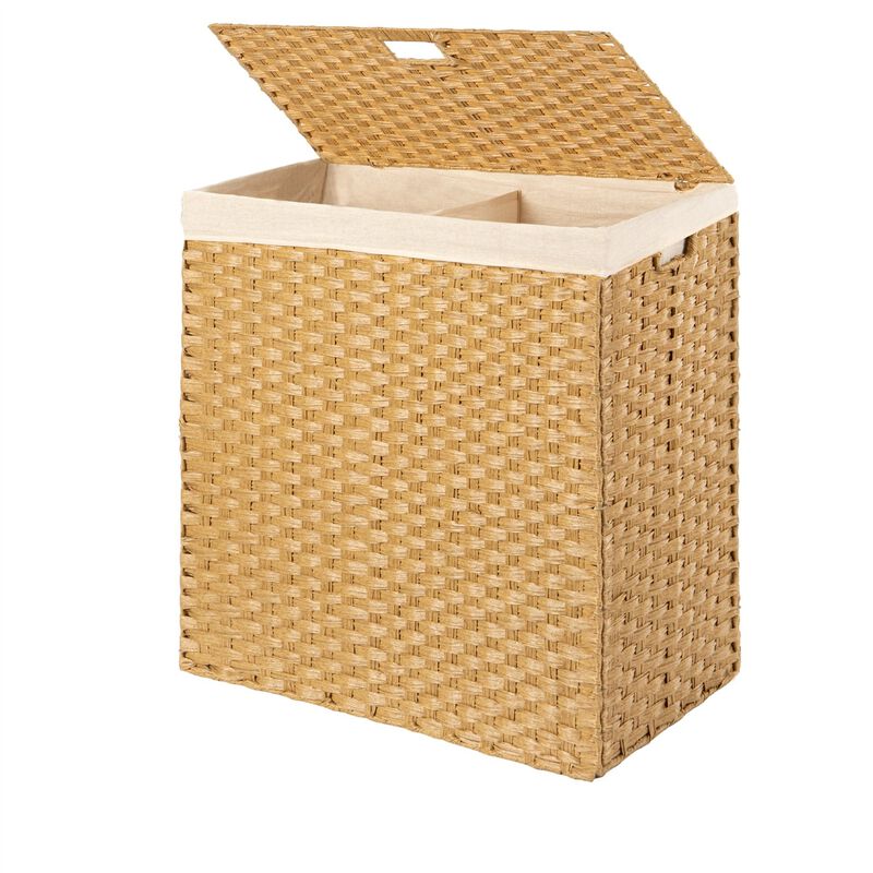 Hivvago Folding 2-Bin Natural PE Wicker Linen Liner Laundry Hamper w/ Handles