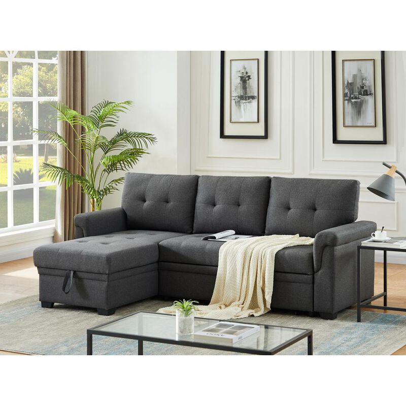 Lilola Home Lucca Dark Gray Linen Reversible Sleeper Sectional Sofa with Storage Chaise