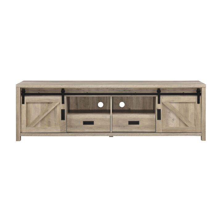 Sem 79 Inch TV Media Entertainment Console, Sliding Doors, 2 Drawers, Brown-Benzara