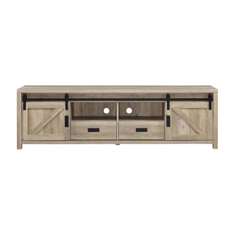 Sem 79 Inch TV Media Entertainment Console, Sliding Doors, 2 Drawers, Brown-Benzara