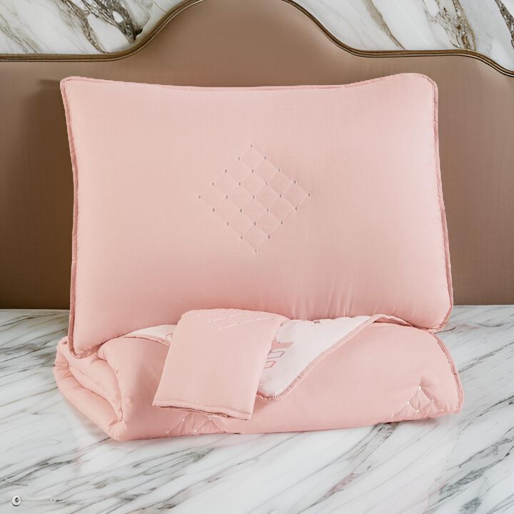 Maxie Full Size Comforter Set with Sham, Pink, White, Polyester, Polyfill - Benzara