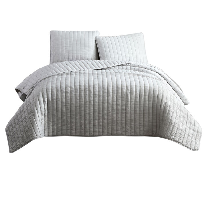 3 Piece Crinkle Queen Size Coverlet Set with Vertical Stitching,Light Gray-Benzara