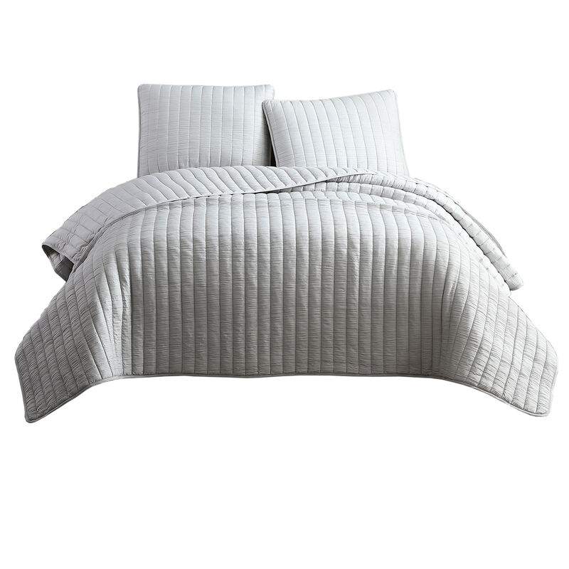 3 Piece Crinkle Queen Size Coverlet Set with Vertical Stitching,Light Gray-Benzara
