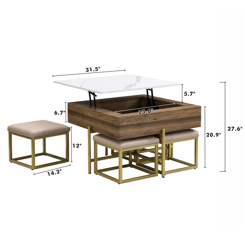 Merax Modern Square Lift-Top Coffee Table with 4 Ottomans Set
