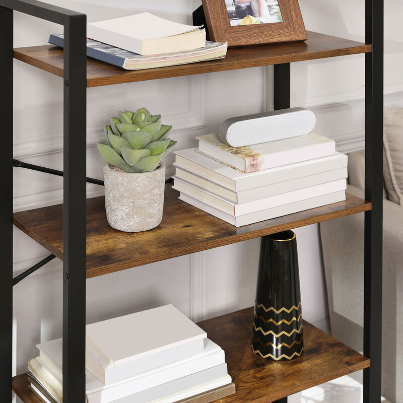 Living Room 4-Tier Ladder Bookshelf – Rustic Brown & Iron Frame