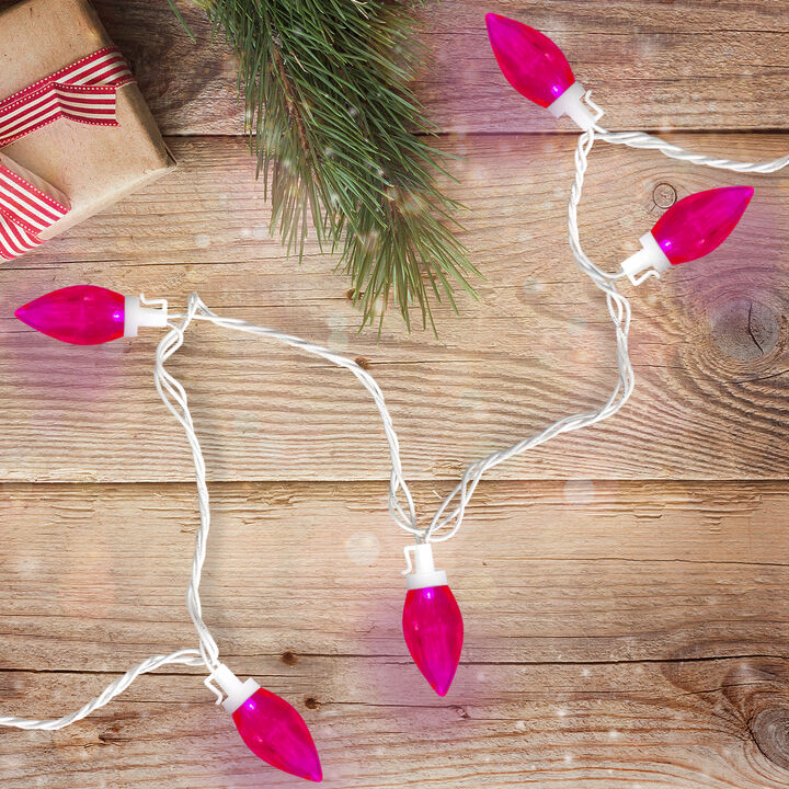 25 Count Pink LED C9 Christmas Lights  16 ft White Wire