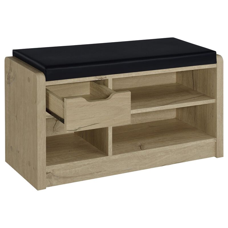 Aryn Storage Bench, Adjustable Shelf, Black Faux Leather, Oak Brown - Benzara