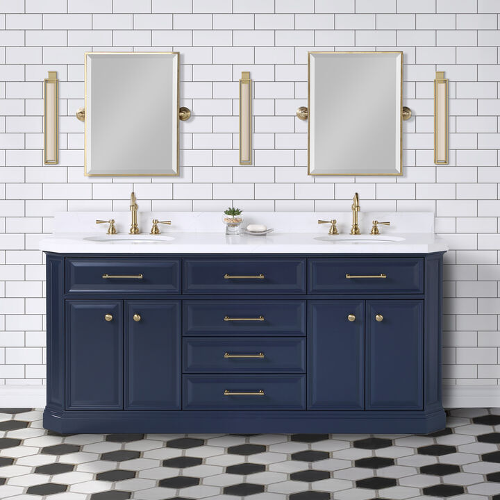 Palace 72 In. Double Sink Carrara Quartz Countertop Bath Vanity in Monarch Blue with Satin Gold Hardware