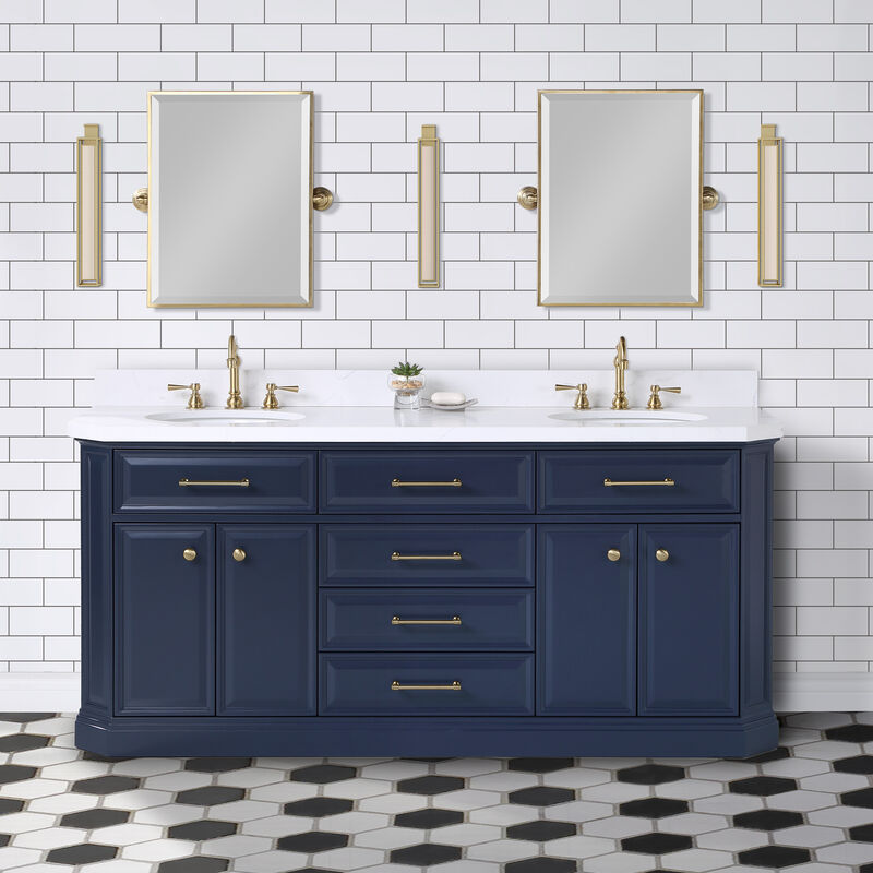 Palace 72 In. Double Sink Carrara Quartz Countertop Bath Vanity in Monarch Blue with Satin Gold Hardware
