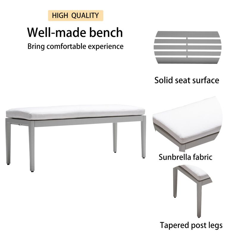 MONDAWE Outdoor Patio Aluminum Stationary Bench With Sunbrella Fabric Cushion , Grayish