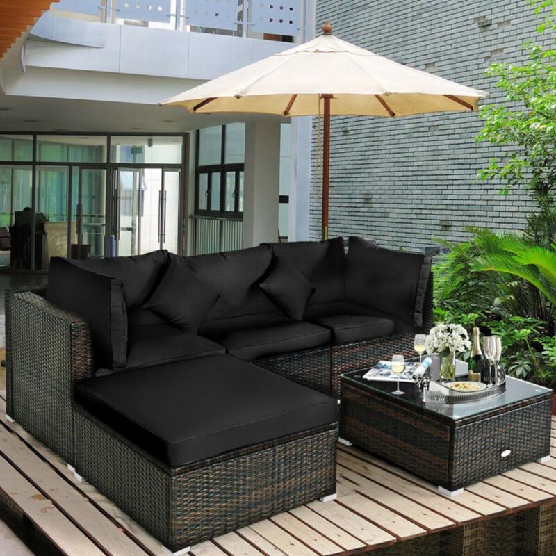Hivvago 5 Pcs Outdoor Patio Rattan Furniture Set Sectional Conversation with Navy Cushions