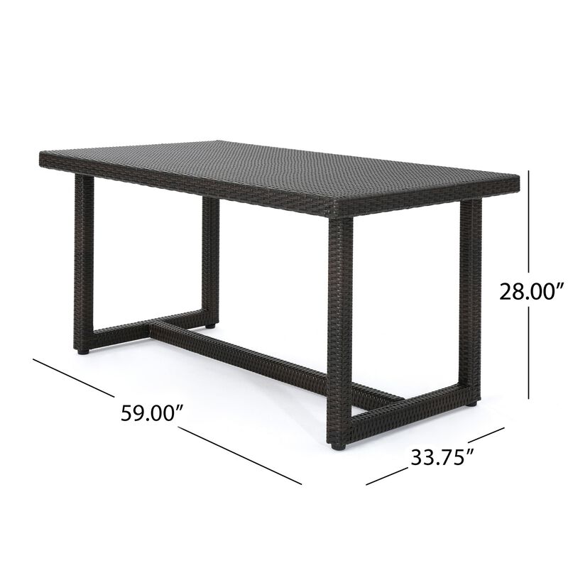 Sanie Outdoor Dining Table, 59 Inch Top, Iron Frame, Brown Resin Wicker