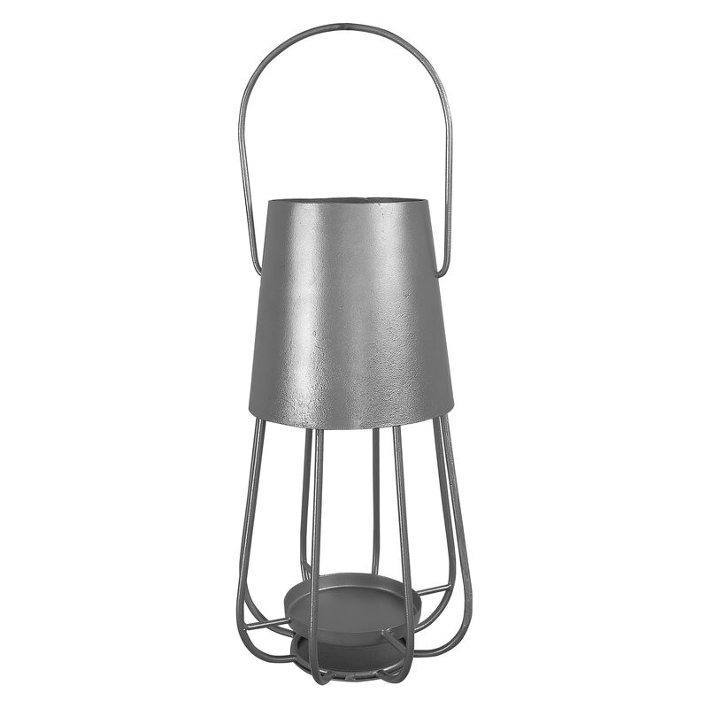 Ambient 12 Inch Vintage Style Iron Candle Stand Lantern, Sleek Curved Handle, Metallic Silver-Benzara