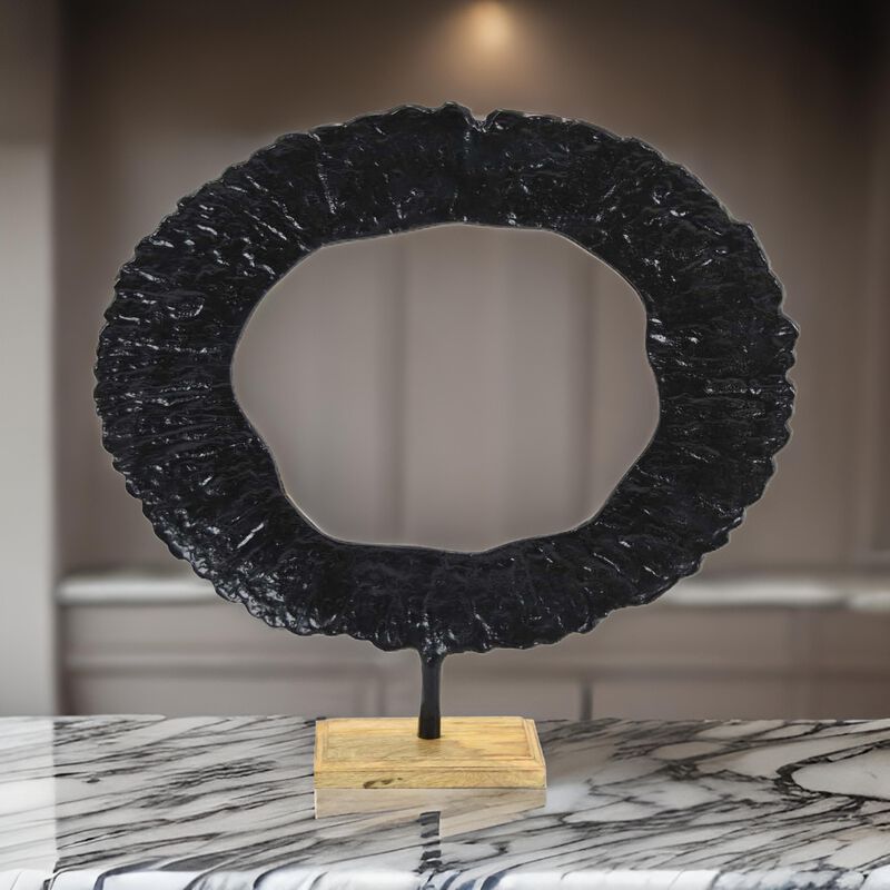 23 Inch Tabletop Decoration, Black Round Circle on Square Wood Base, Black - Benzara