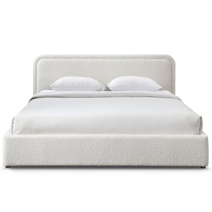 Omax Decor Upholstered Platform King Bed in White Boucle Fabric