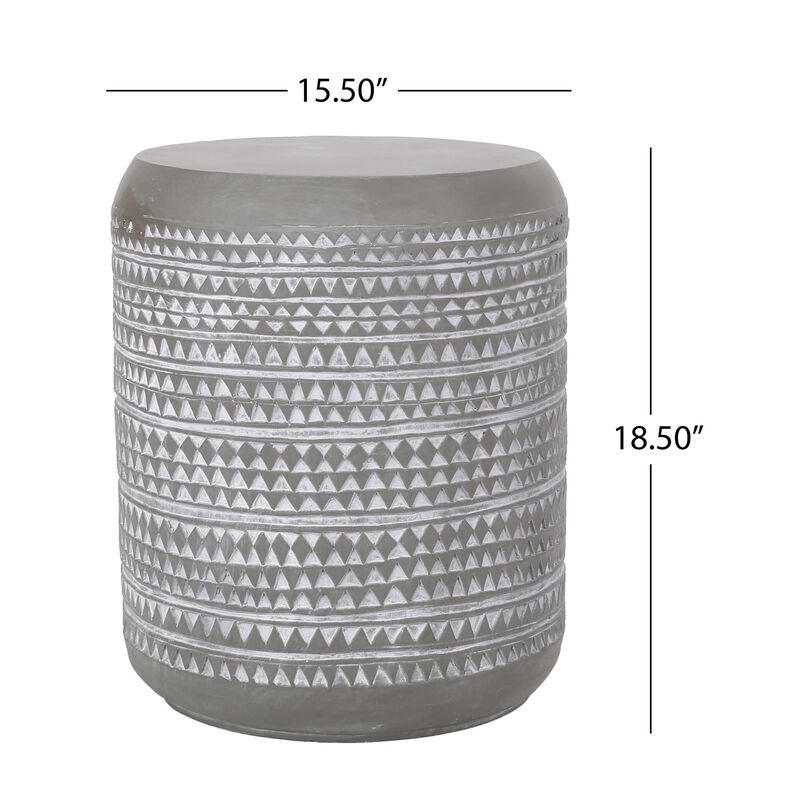 Outdoor End Table, 16 Inch Round Gray Faux Concrete w White Pattern - Benzara