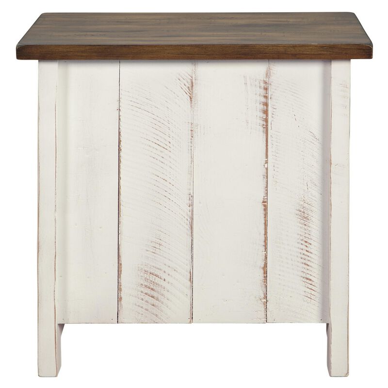 Two Tone Chair Side End Table with Wire Metal Grill Cabinet,Brown and White-Benzara