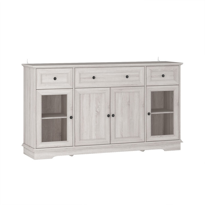 Retro Beige Light Wood Grain 35.4 in. Height Storage Cabinet, Sideboard, Food Pantry with 3-Drawer and 5-Shelf