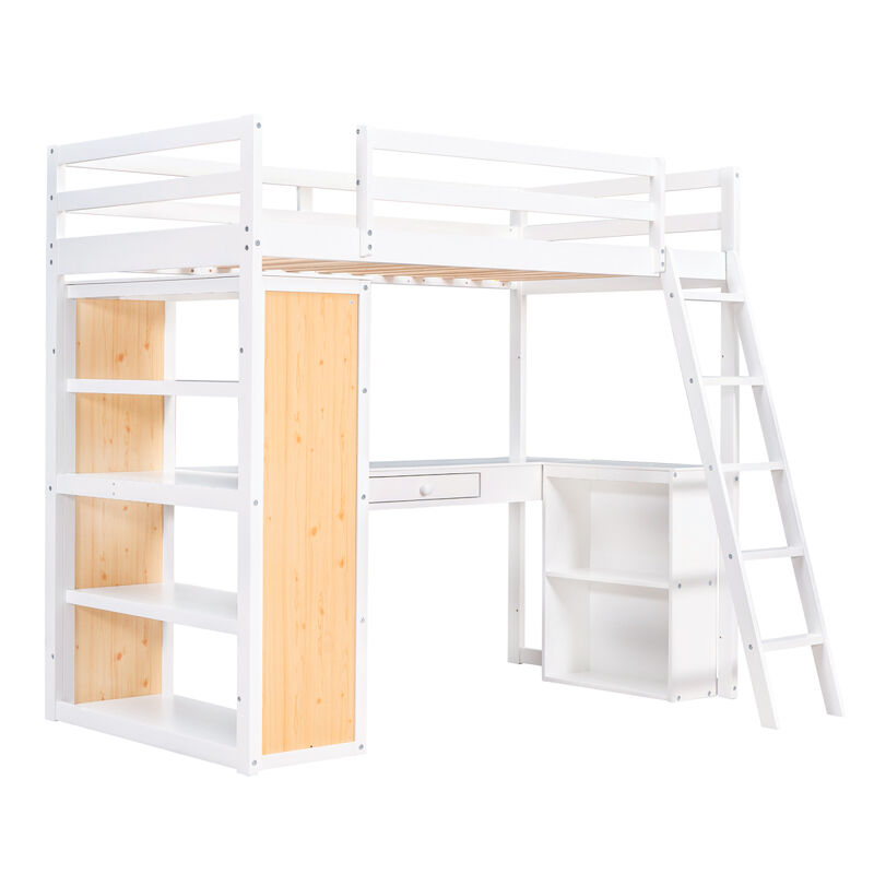Twin Size Loft Bed With Ladder, Shelves, And Desk, White