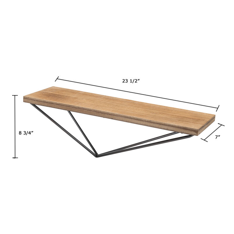 Rustic Wall Mount Pine Wood Floating Display Shelf with Diamond-Shaped Asymmetrical Iron Bracket
