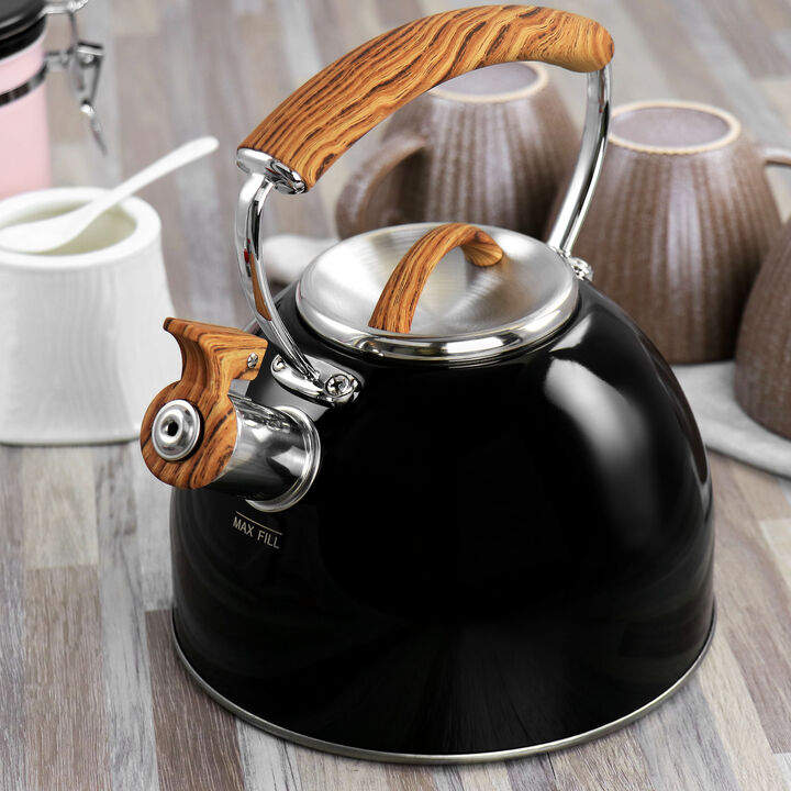 Mr. Coffee 2 Quart Stainless Steel Whistling Tea Kettle with Wood Pattern Handle in Black