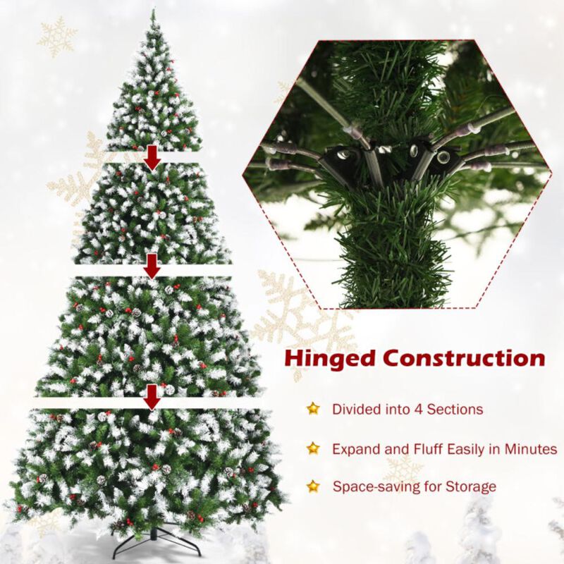 Hivvago 7.5/9 FT Pre-lit Snow Flocked Christmas Tree with Red Berries and 8 Lighting Modes