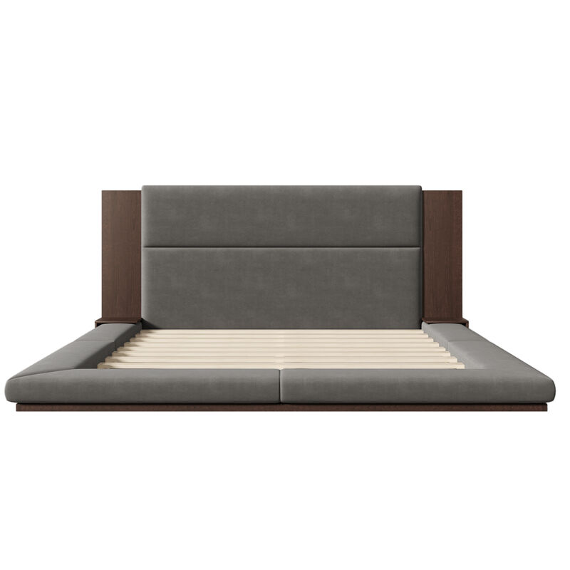 Merax Floor Upholstered Platform Bed with Extended Headboard