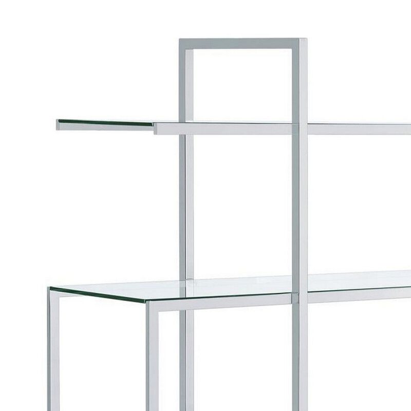 Bookcase with 5 Tempered Glass Shelves and Electroplated Frame, Chrome-Benzara