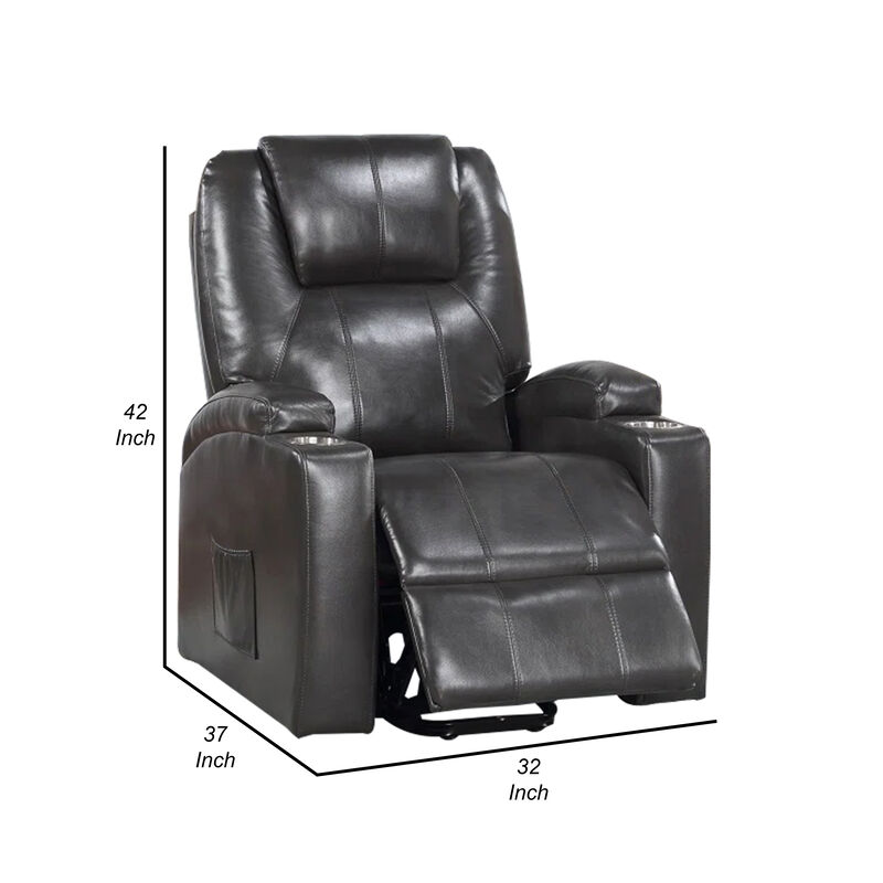 Evans 37 Inch Recliner Chair, Power Lift, Cupholders, Gray Faux Leather - Benzara
