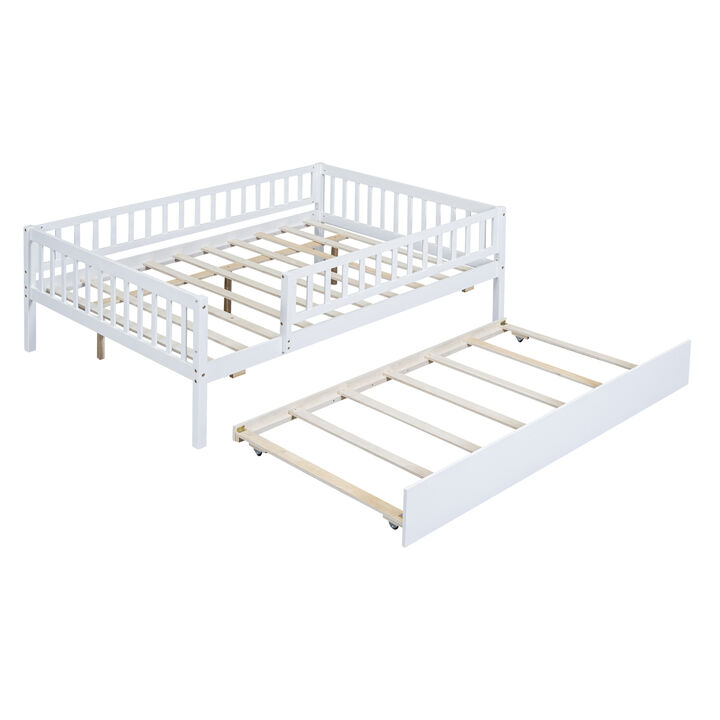 Full Size Wood Daybed With Trundle And Fence Guardrails