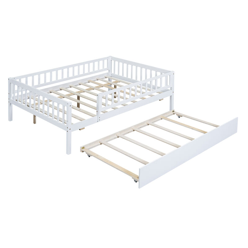 Full Size Wood Daybed With Trundle And Fence Guardrails