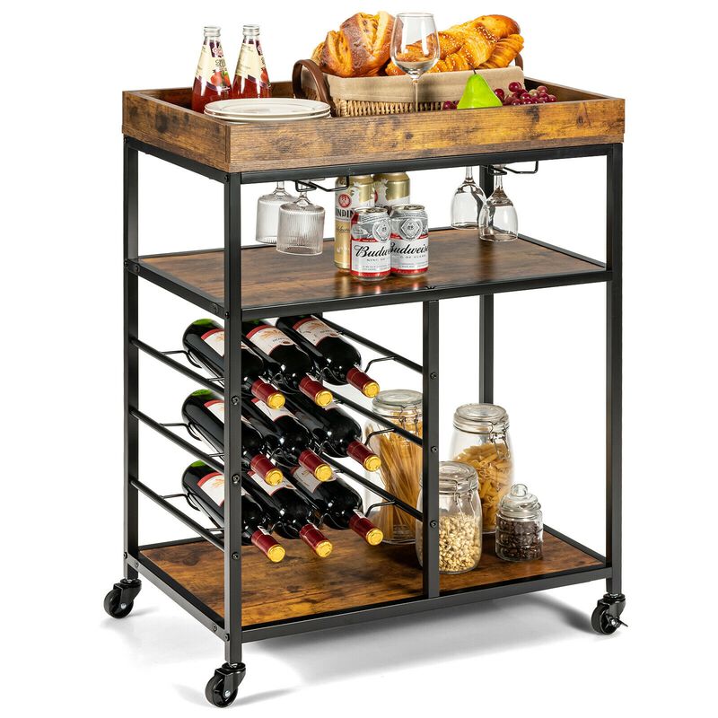 3-Tier Wood Rolling Kitchen Serving Cart with 9-Bottle Wine Rack for Stylish and Functional Storage