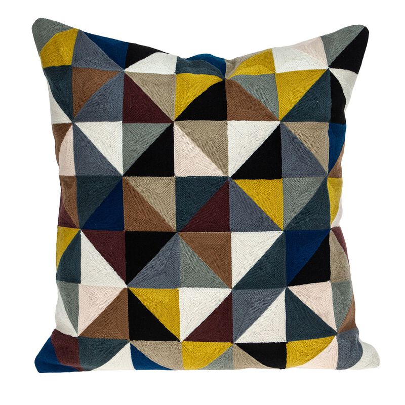 20" Black and Brown Geometric Embroidered Square Throw Pillow