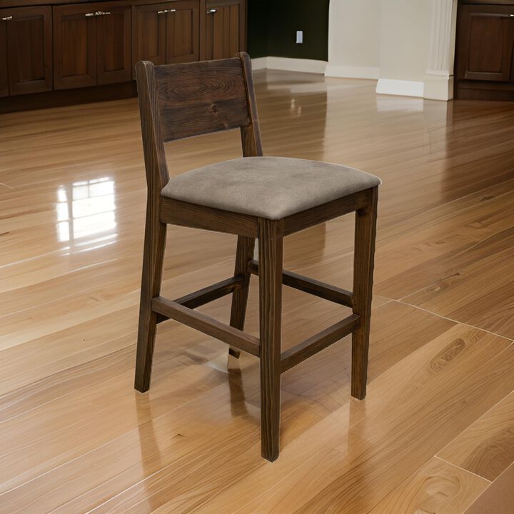 Loe 30 Inch Barstool Set of 2, Panel Back, Gray, Brown Solid Pine Wood