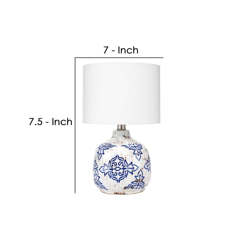 Table Lamp with Floral Pattern Ceramic Base, White-Benzara