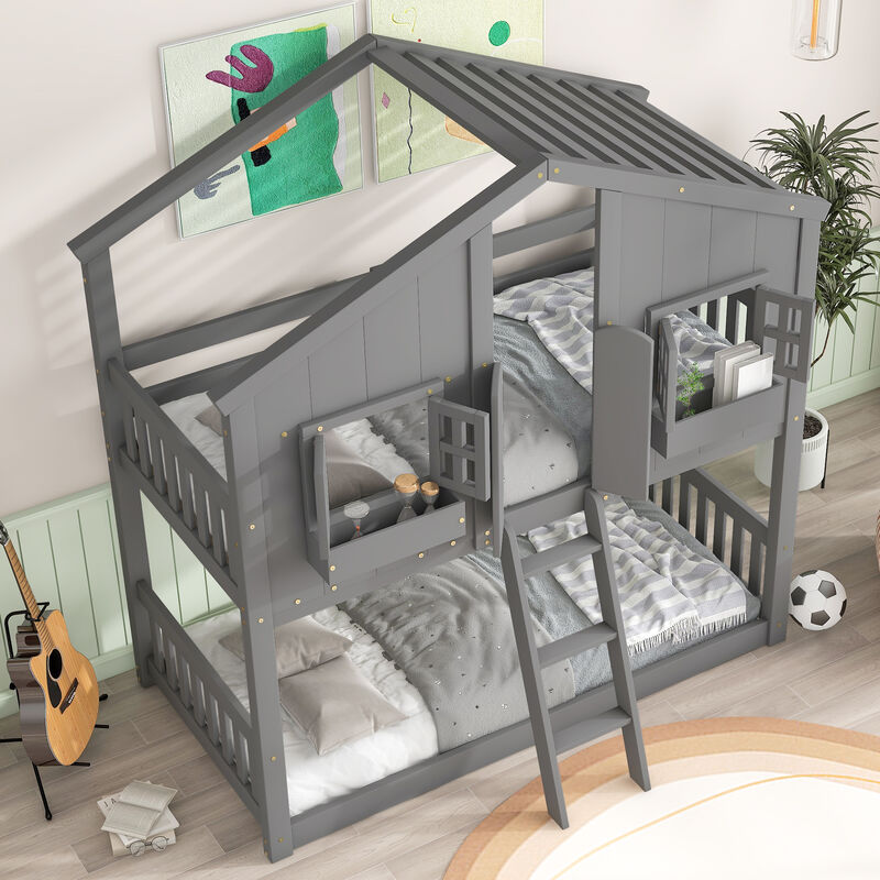 Twin over Twin House Bunk Bed with Roof , Window, Window  Box, Door , with Safety Guardrails and Ladder,White