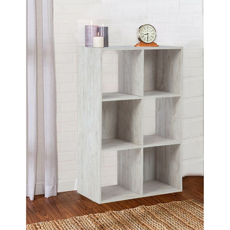 6 Cube Wooden Organizer with Grain Details, Washed White - Benzara