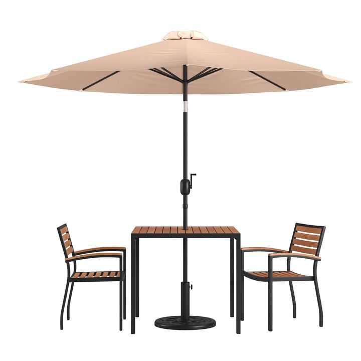 Flash Furniture 5 Piece Outdoor Patio Dining Table Set - 2 Synthetic Teak Stackable Chairs with Arms - 35" Square Table - Red Umbrella with Base