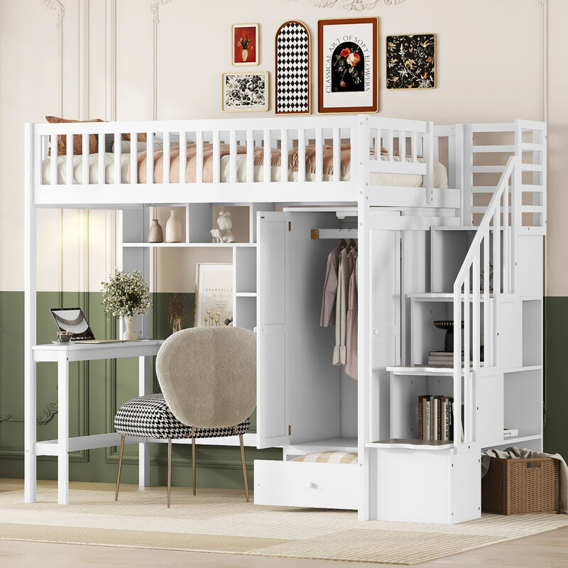 Twin Size Loft Bed With Bookshelf, Drawers, Desk, And Wardrobe White