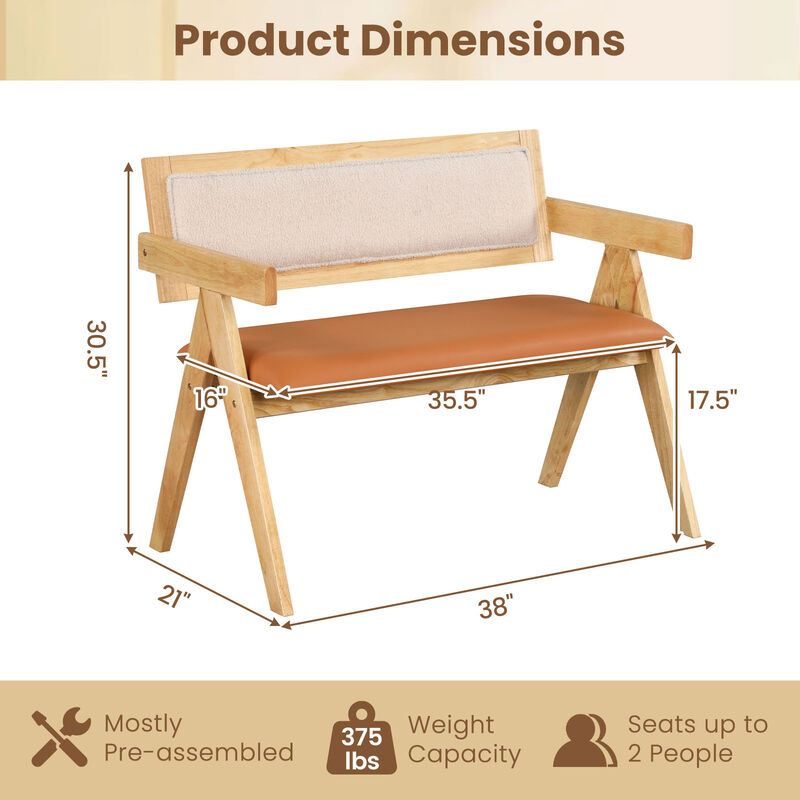 Rubber Wood Dining Bench with Armrest Sherpa Upholstered Backrest and Soft-padded Seat