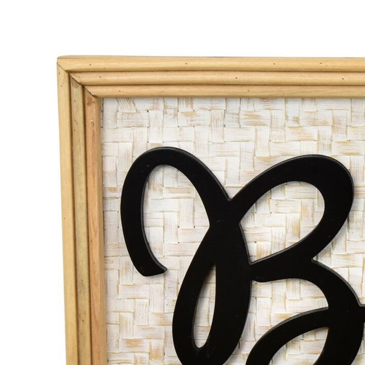 Beach Wall Decor Sign, 28 Inch White Woven Wood Frame, Black - Benzara