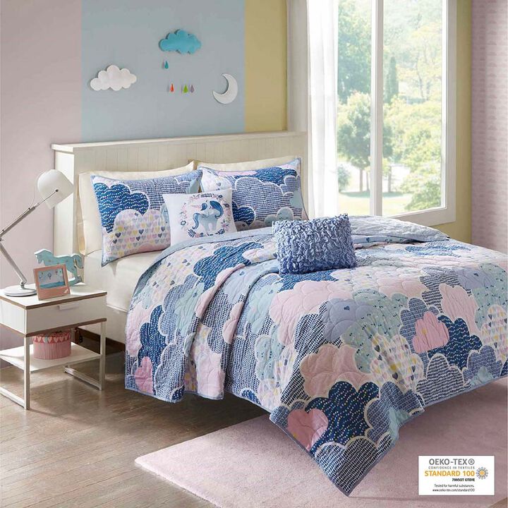 Gracie Mills Eowyn Whimsical Cloud 5-Piece Reversible Cotton Quilt Set with Decorative Pillows
