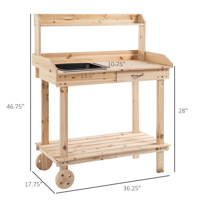 Mobile Garden Station: Natural Wood Potting Bench with Wheels and Sink