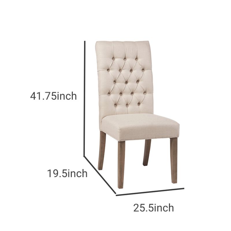 Fabric Dining Chair with Button Tufted Back, Set of 2, Beige - Benzara